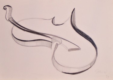 Drawing titled "Violon revisité" by Servin, Original Artwork, Pencil