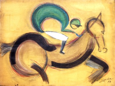 Painting titled "jockey vert à cheval" by Servin, Original Artwork, Gouache