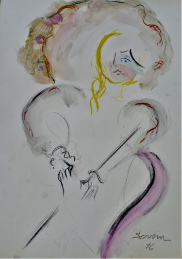 Pintura intitulada "Blonde au chapeau à…" por Servin, Obras de arte originais, Guache