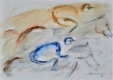 Dessin intitulée "Course de chevaux 1" par Servin, Œuvre d'art originale, Pastel