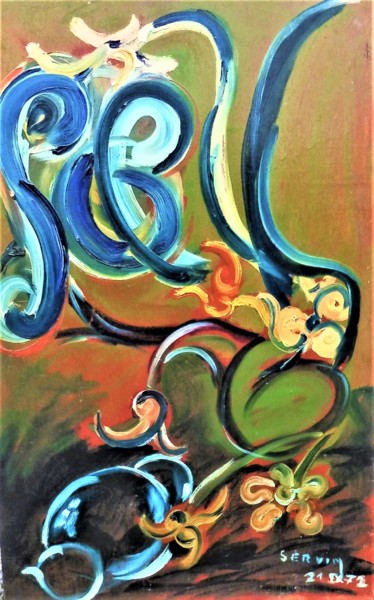 Painting titled "Grand bouquet bleu" by Servin, Original Artwork, Oil