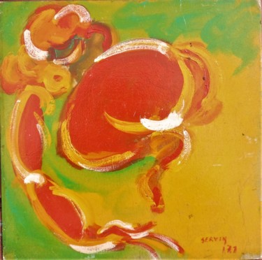 Painting titled "Nu rouge fond jaune…" by Servin, Original Artwork, Oil