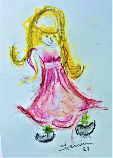 Disegno intitolato "Petite fille aux gr…" da Servin, Opera d'arte originale, Pastello