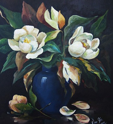 Painting titled "mavi vazoda manolya…" by Ümran Giz, Original Artwork, Oil