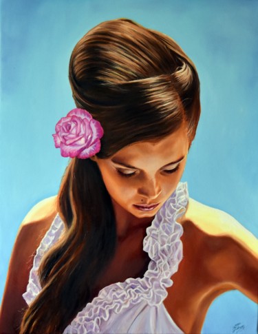 Portrait of a jung woman with rose in hair Painting titled "Portrait of a jung…" by Serghei Ghetiu, Original Art, Oil