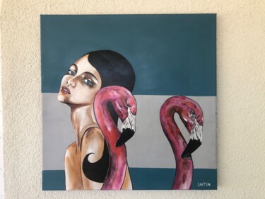 Malerei mit dem Titel "flamingo and girl" von Sedat Sanatasan, Original-Kunstwerk, Acryl