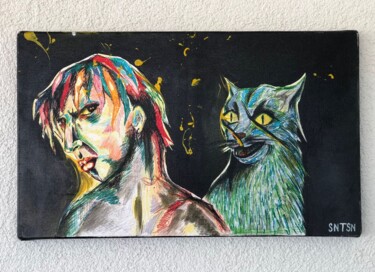 Painting titled "cat and man" by Sedat Sanatasan, Original Artwork, Pencil