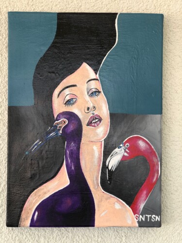 Painting titled "girl and birds" by Sedat Sanatasan, Original Artwork, Acrylic