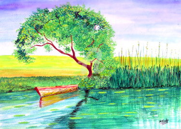 Digital Arts titled "Lonely Boat" by Sesha, Original Artwork, Oil
