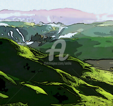 Digital Arts titled "Green Rolling Fields" by Sesha, Original Artwork, Watercolor
