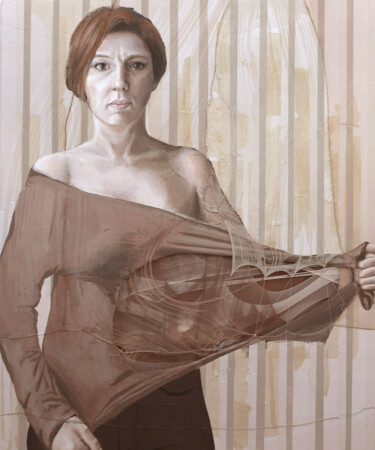 Malerei mit dem Titel "Justine au pull" von Settimia Taroux, Original-Kunstwerk, Acryl Auf Keilrahmen aus Holz montiert