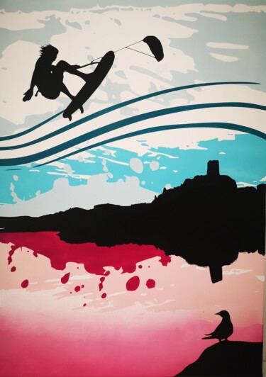 Malerei mit dem Titel "Kite surf" von Sev Chartier, Original-Kunstwerk, Sprühfarbe Auf Keilrahmen aus Holz montiert