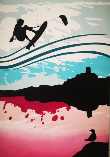 Painting titled "Kite surf" by Sev Chartier, Original Artwork, Spray paint Mounted on Wood Stretcher frame