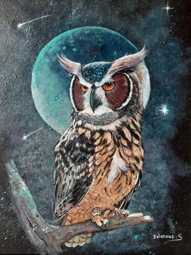 Painting titled "Hibou au claire de…" by Severine Delanoue, Original Artwork, Acrylic Mounted on Wood Stretcher frame