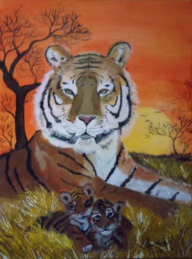Schilderij getiteld "tigre au couché de…" door Severine Delanoue, Origineel Kunstwerk, Acryl