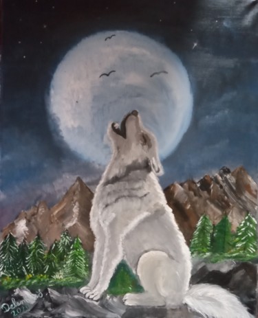 Peinture intitulée "Le loup au claire d…" par Severine Delanoue, Œuvre d'art originale, Acrylique