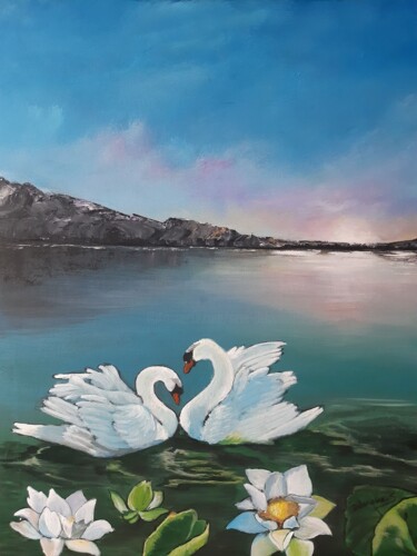 Painting titled "Lac des cygnes" by Severine Delanoue, Original Artwork, Acrylic Mounted on Wood Stretcher frame