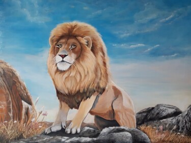 Painting titled "Lion dans la Savane" by Severine Delanoue, Original Artwork, Acrylic Mounted on Wood Stretcher frame