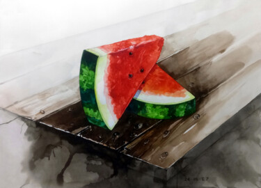 Painting titled "Watermelon Ⅰ" by Seven E, Original Artwork, Watercolor