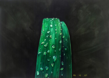 Painting titled "Green leaf" by Seven E, Original Artwork, Watercolor