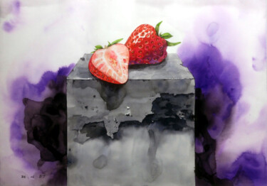 Painting titled "Strawberry 24" by Seven E, Original Artwork, Watercolor