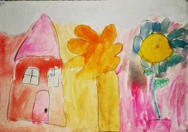 Картина под названием "Maison fleurs" - Johnny Rinkel, Подлинное произведение искусства, Акварель