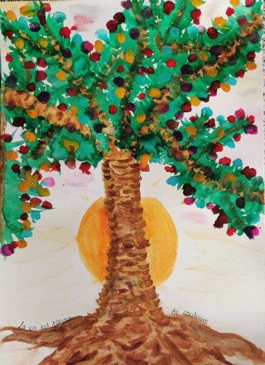 Painting titled "L'arbre coloré comm…" by Johnny Rinkel, Original Artwork, Watercolor