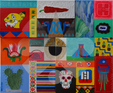 Colagens intitulada "Oeil maya" por Séverine Piques (WOERLY), Obras de arte originais, Colagens Montado em Armação em madeira
