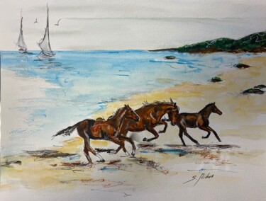 Chevaux sauvages aux vaches noires Painting titled "Chevaux sauvages au…" by Séverine Richer, Original Art, Watercolor