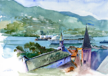 Malarstwo zatytułowany „Nagasaki Port: Anci…” autorstwa Severn (Jie Cheng) Wang, Oryginalna praca, Akwarela