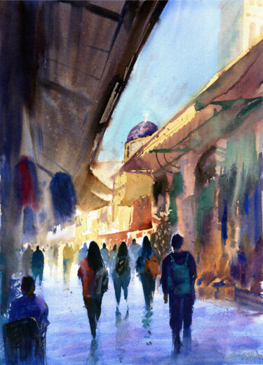 Ζωγραφική με τίτλο "Shopping Street, Ol…" από Severn (Jie Cheng) Wang, Αυθεντικά έργα τέχνης, Ακουαρέλα