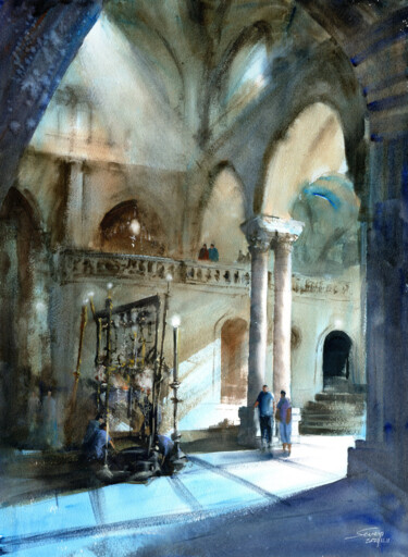 Painting titled "The Blue of Jerusal…" by Severn (Jie Cheng) Wang, Original Artwork, Watercolor Mounted on Wood Stretcher fr…