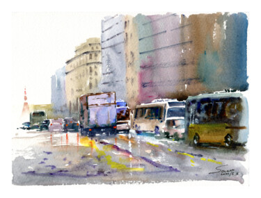 Painting titled "Fully Jammed in The…" by Severn (Jie Cheng) Wang, Original Artwork, Watercolor