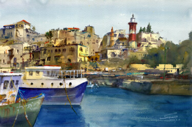 Painting titled "JAFFA PORT IN GOLDE…" by Severn (Jie Cheng) Wang, Original Artwork, Watercolor