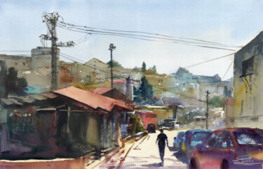 Malerei mit dem Titel "Coffee and Sandwich…" von Severn (Jie Cheng) Wang, Original-Kunstwerk, Aquarell