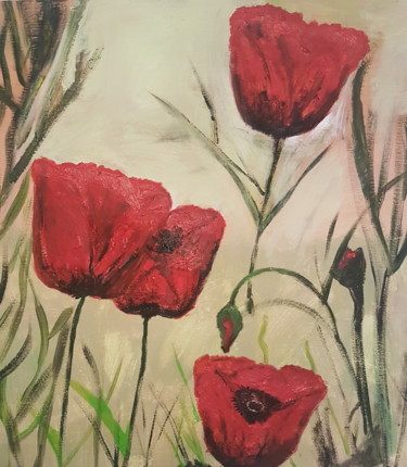 Peinture intitulée "Red poppy's" par S.As, Œuvre d'art originale