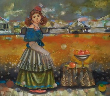 Painting titled "Girl with Dandelion…" by Seyran Mejanyan, Original Artwork, Oil Mounted on Wood Stretcher frame