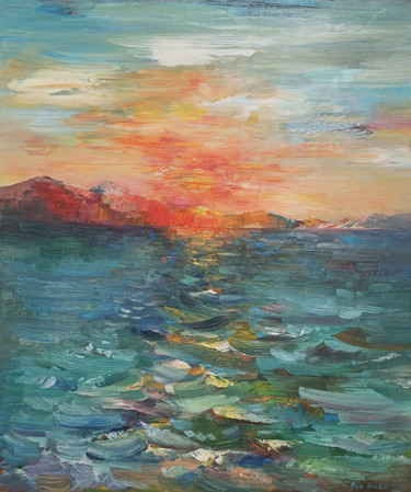 Painting titled "Lake Sevan (60x50cm…" by Seyran, Original Artwork, Oil Mounted on Wood Stretcher frame