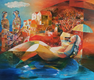 Painting titled "Fishing (60x70cm oi…" by Seyran, Original Artwork, Oil Mounted on Wood Stretcher frame