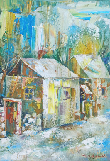 Painting titled "Winter (20x30cm, oi…" by Seyran, Original Artwork, Oil Mounted on Wood Stretcher frame