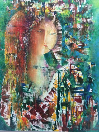 Painting titled "Spring portrait (50…" by Seyran, Original Artwork, Oil Mounted on Wood Stretcher frame