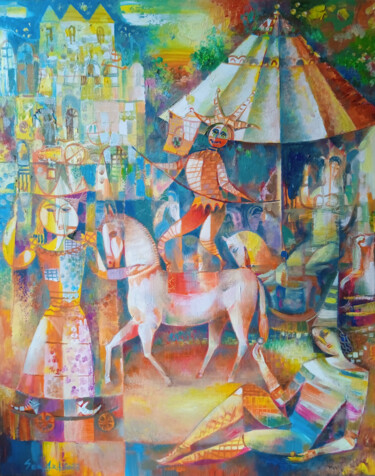 Painting titled "Happy carousel (70x…" by Seyran, Original Artwork, Oil Mounted on Wood Stretcher frame