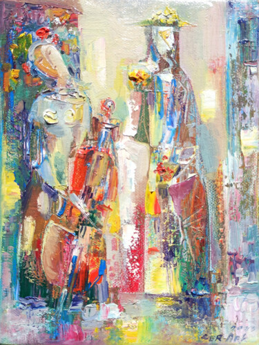 Painting titled "THE CELLIST AND THE…" by Seyran, Original Artwork, Oil Mounted on Wood Stretcher frame