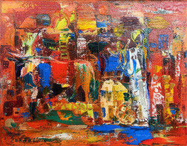 Painting titled "VIBRANT VILLAGE LIFE" by Seyran, Original Artwork, Oil Mounted on Wood Stretcher frame