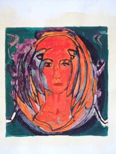 Peinture intitulée "autoportrait rouge" par Sf Dini, Œuvre d'art originale, Gouache