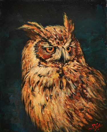 Картина под названием "Owl #2" - Sona Petrosyan, Подлинное произведение искусства, Акрил Установлен на Деревянная рама для н…