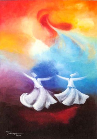 Malerei mit dem Titel "Whirling Dervishes 3" von Shafique Farooqi, Original-Kunstwerk, Öl