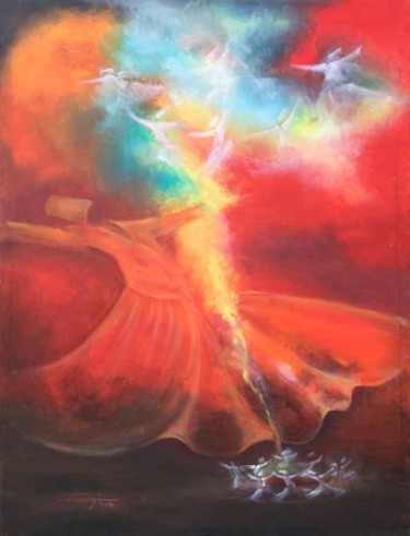 Peinture intitulée "Whirling Dervishes10" par Shafique Farooqi, Œuvre d'art originale, Huile