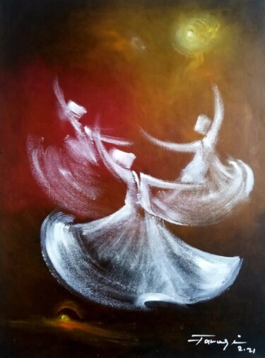 Pintura intitulada "Whirling Dervishes.5" por Shafique Farooqi, Obras de arte originais, Óleo
