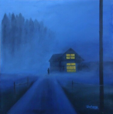Painting titled "ON A MISTY NIGHT" by Shaheera Sandhu, Original Artwork, Oil